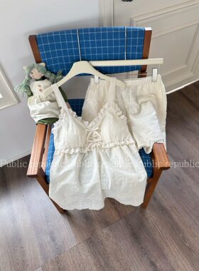 Public夏韩系甜美可爱重工刺绣面料吊带短裤自带胸垫家居睡衣套装