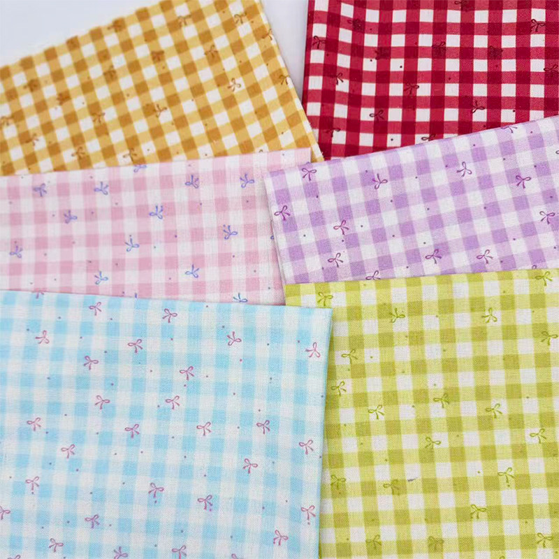 原创格子蝴蝶结小方格印花布加密棉麻布料diy手工布头包包布桌布