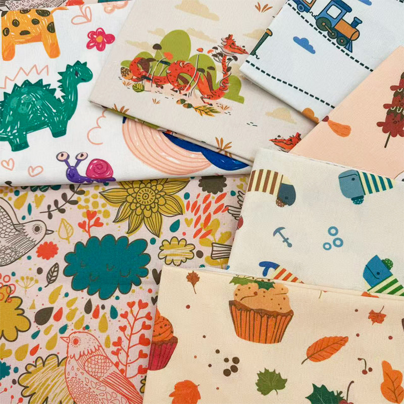原创手绘卡通童趣插画风加密棉麻布料diy手工布桌布包包布猫窝布