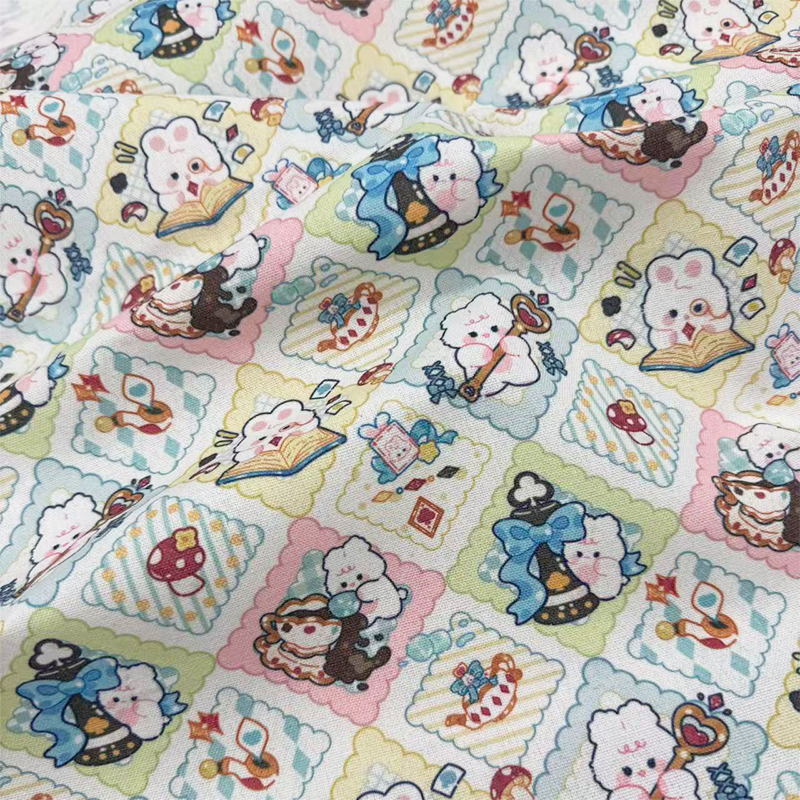 独家版权原创拼布魔法兔印花布加密棉麻布料diy手工布笔筒包包布