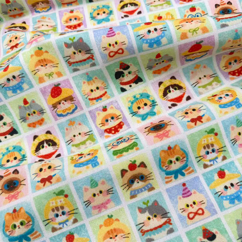 原创独家版权邮票风猫咪加密棉麻布料diy手工布桌布包包布书皮布