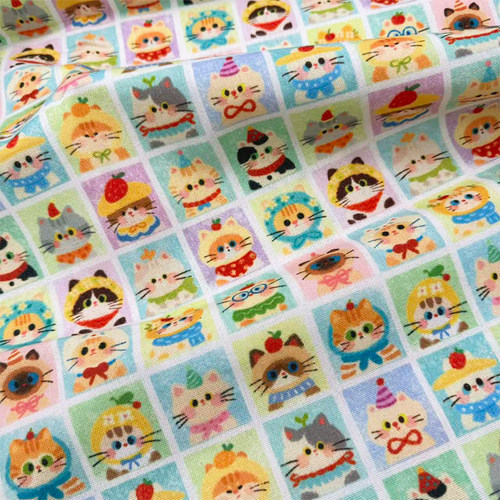 原创独家版权邮票风猫咪加密棉麻布料diy手工布桌布包包布书皮布