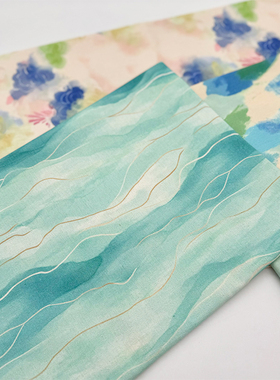 水蓝色系水彩风印花布加密棉麻布料桌布面料沙发盖布门帘布装饰布