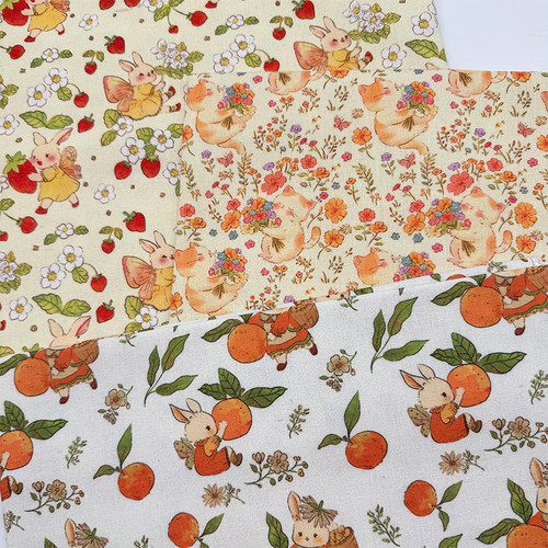 卡通抱果动物印花布加密棉麻布料装饰diy手工布头包书布桌布面料