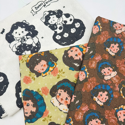 复古萌系娃印花布加密棉麻布料装饰布桌布面料diy手工布头门帘布
