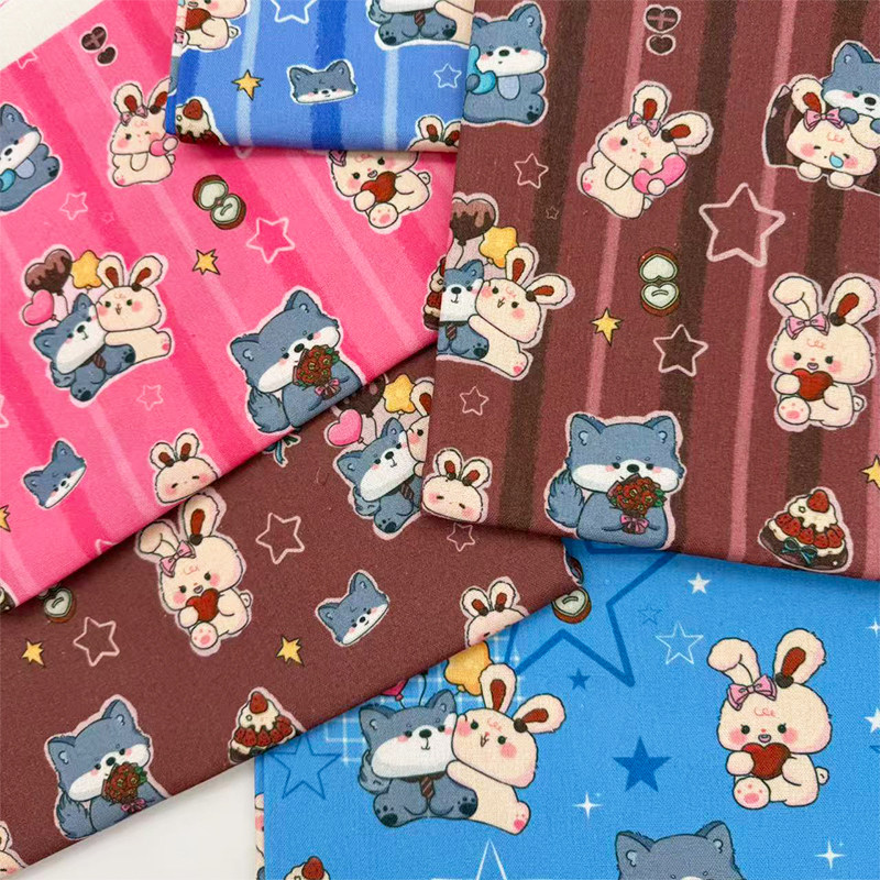 原创版权韩系软萌恋爱主题印花布加密棉麻布料diy手工布包包桌布