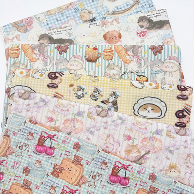 卡通甜品猫咪印花布加密棉麻布料装饰桌布面料diy手工布头门帘布