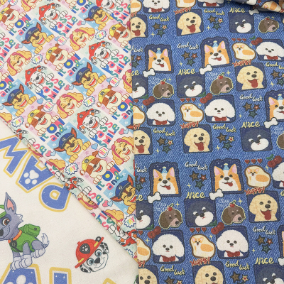 汪汪队牛仔卡通印花布加密棉麻布料装饰diy布头桌布面料沙发盖布