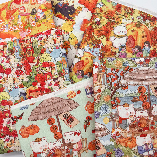 卡通汤丸酱插画印花布加密棉麻布料装饰diy桌布面料门帘手工布头