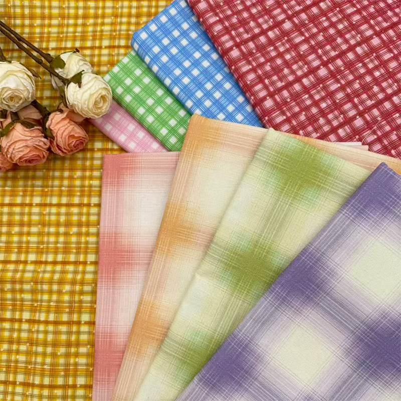 原创渐变晕染风格纹彩色小格子加密棉麻布料diy手工布桌布包包布