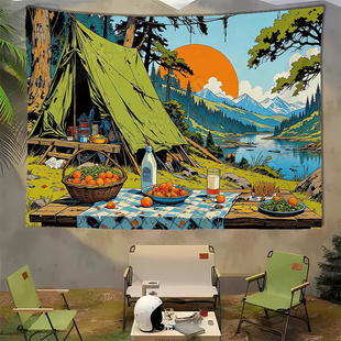 露营派对挂布野餐基地户外打卡拍照装饰美式复古氛围感背景布墙布