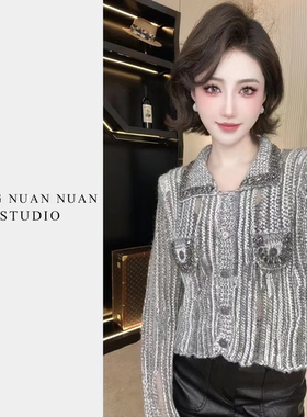 法式设计感复古镂空长袖针织开衫短款毛衣外套 20920