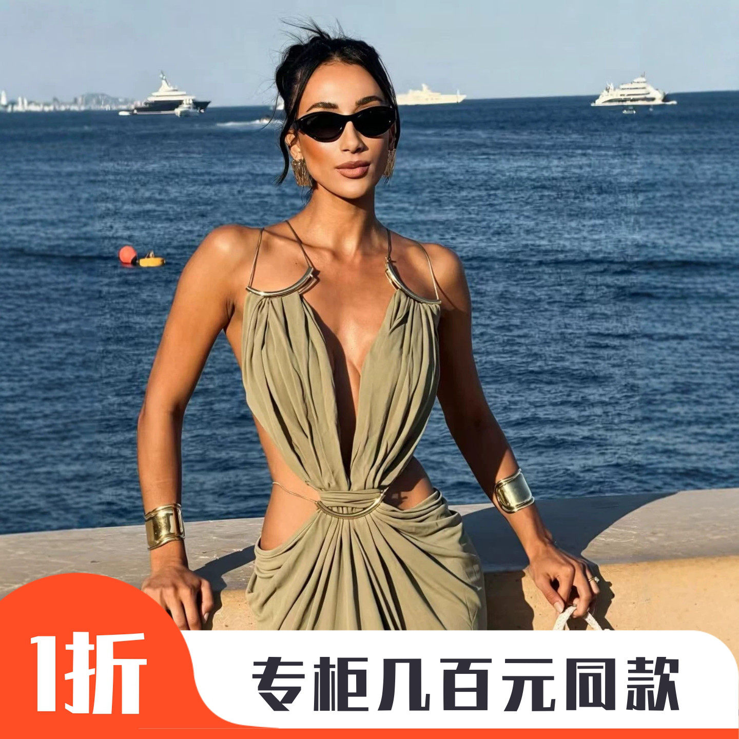 欧美跨境新品牌爆款金属挂脖深 V侧镂空收褶修身性感沙滩礼服长裙