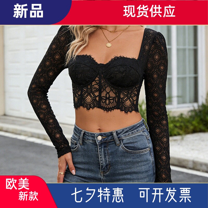 亚马逊欧美新款长袖网纱蕾丝上衣镂空修身跨境性感辣妹短款