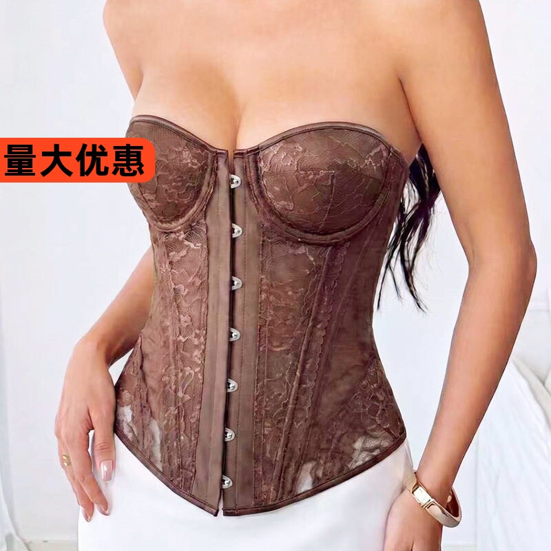 欧美抹胸上衣辣妹性感拼贴蕾丝裹胸鱼骨束腰绑带女士胸衣现货