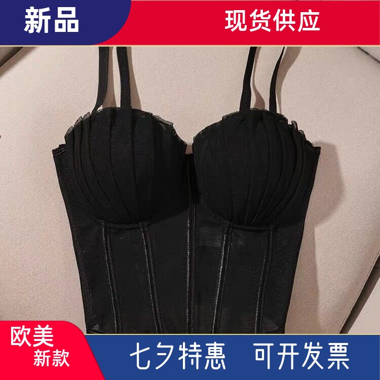 辣妹性感胸衣吊带夏季背心打底女内蕾丝搭外修身短款鱼骨黑色上衣