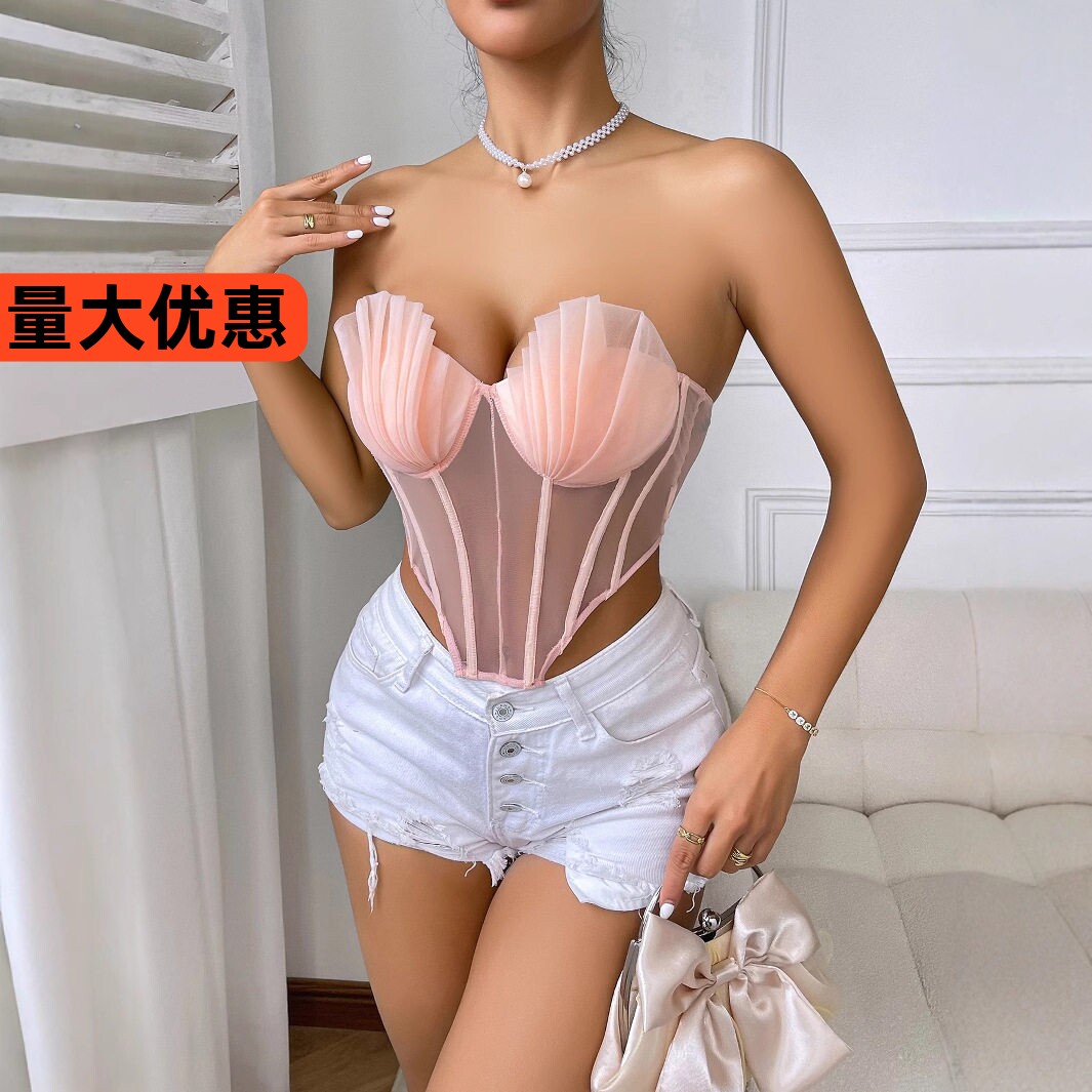 过渡性感贝壳褶邹立体鱼骨后背绑带网纱温柔美背背心肉色内搭上衣