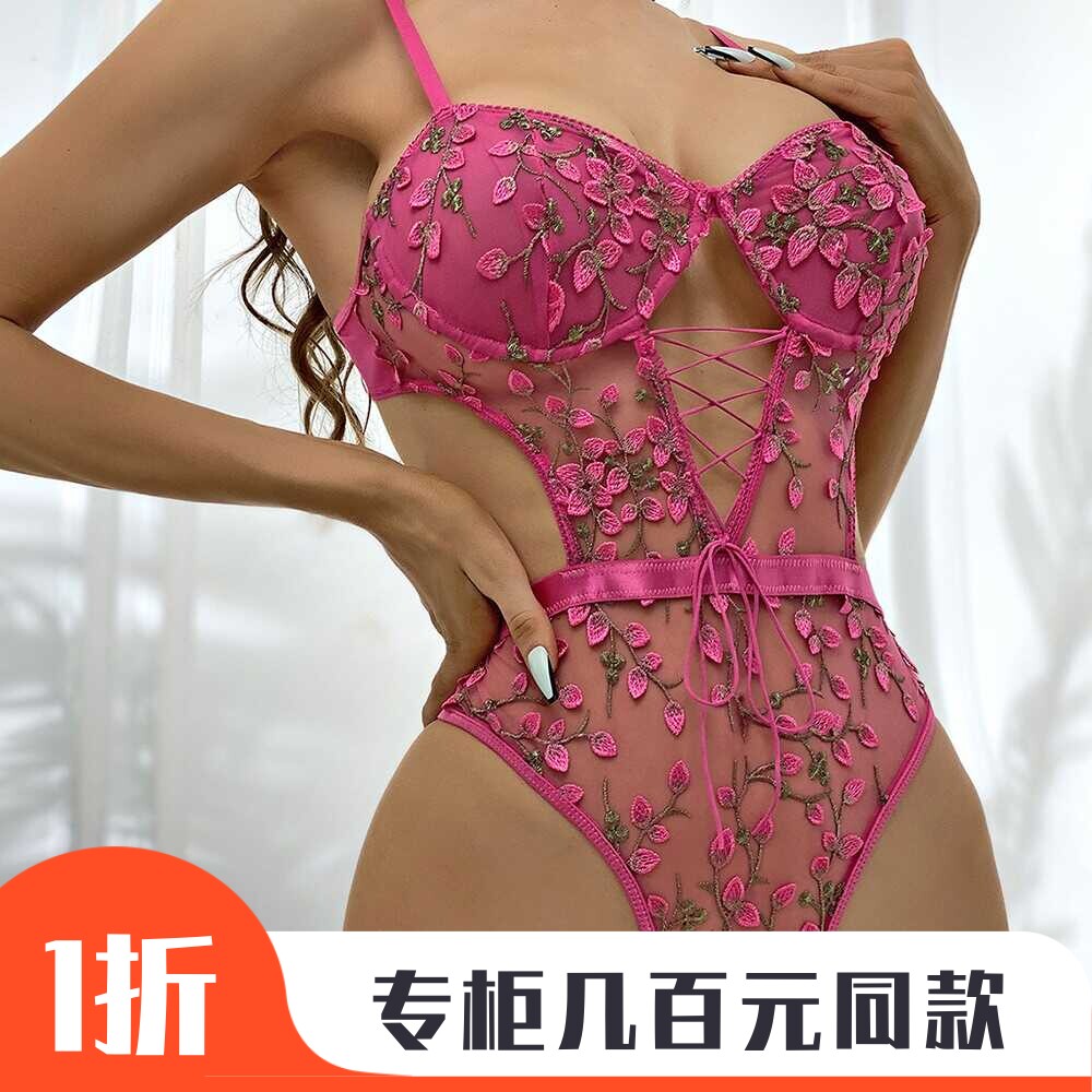 镂空透视蕾丝性连体衣显胸
