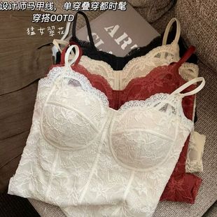 秋冬磨毛法式蕾丝纯欲吊带美背一体杯免穿文胸背心女修身显瘦6100