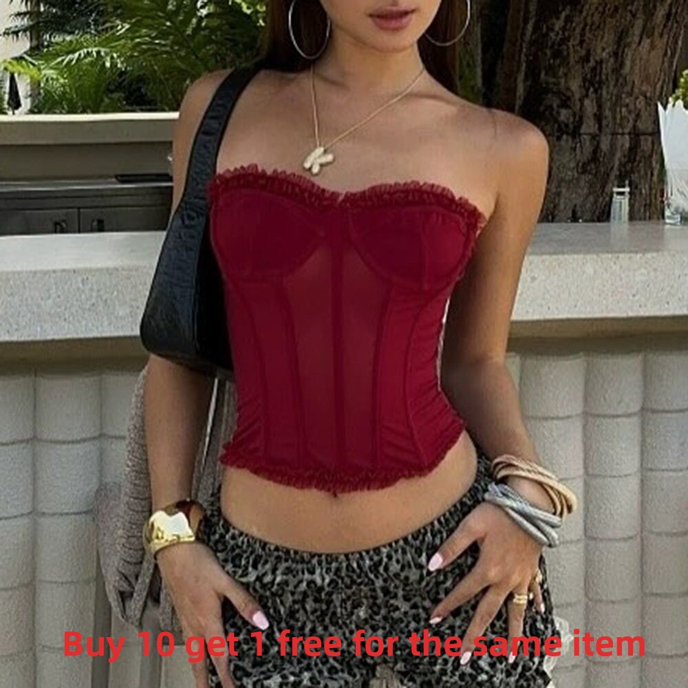 泰国缅甸款欧美辣妹风木耳花边修身显瘦抹胸背心百搭紧身短款上衣
