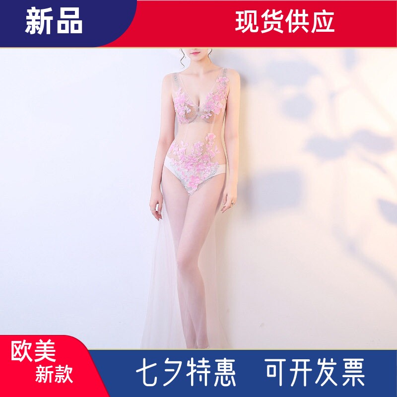 桑拿KTV工作服性感透视装礼服晚装蕾丝镂空透明深V领长款演出服