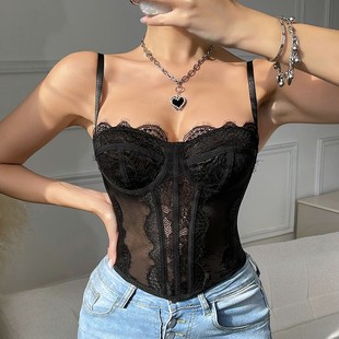 Sexy corset欧美蕾丝花边胶骨塑身性感抹胸镂空露背透视1059吊带