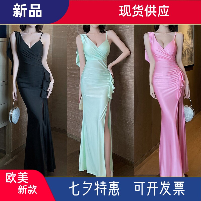 纯欲性感v领吊带连衣裙女装夏季黑色修身显瘦包臀夜店礼服长裙子
