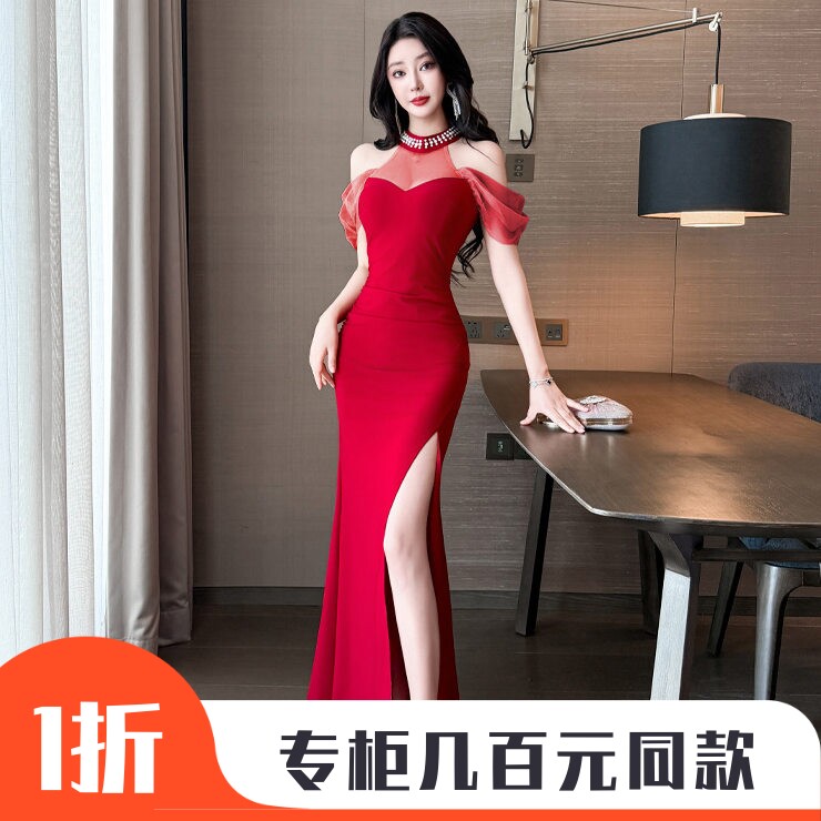气质2026新款感鱼尾气质红色晚礼服长款黑色辣妹连衣裙货源