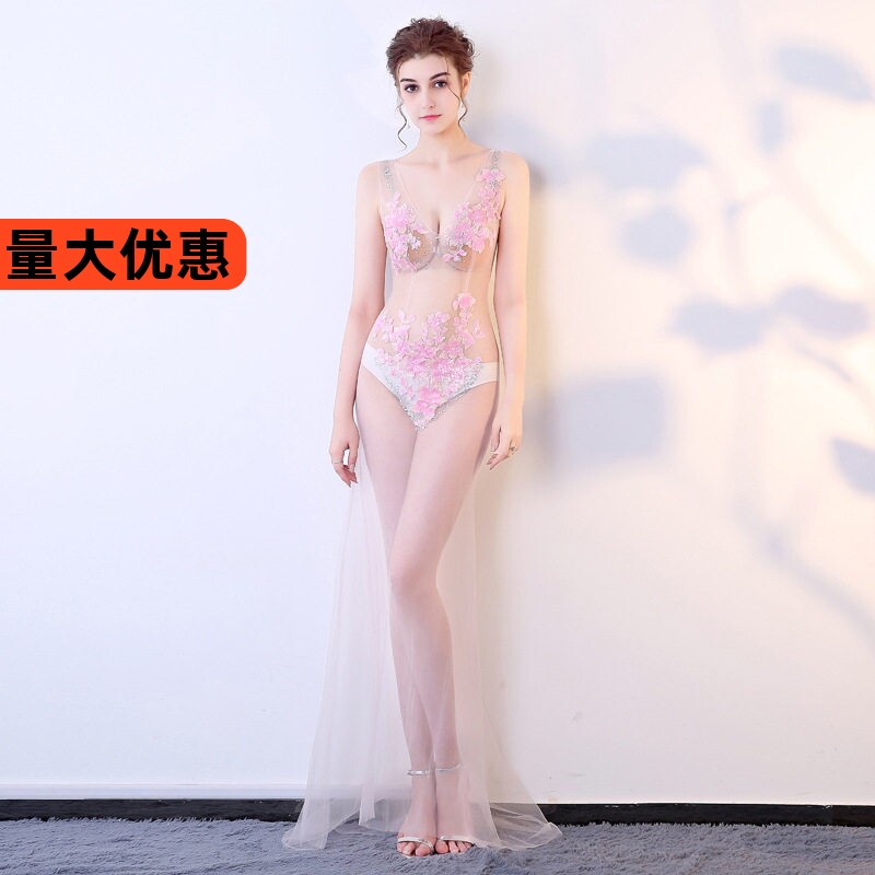 桑拿KTV工作服性感透视装礼服晚装蕾丝镂空透明深V领长款演出服