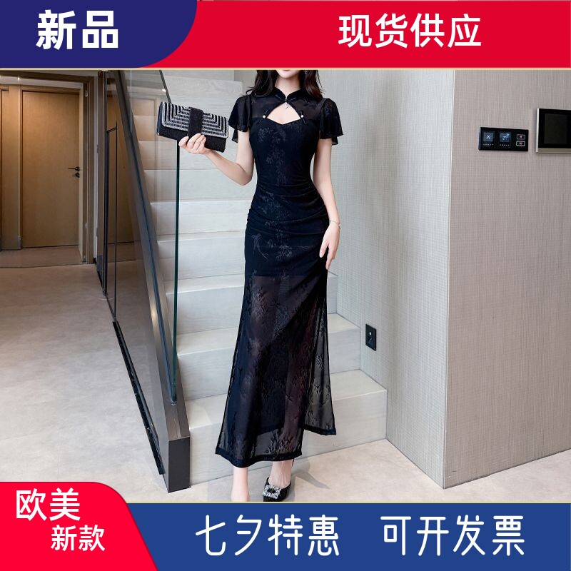 黑色新中式改良旗袍蕾丝连衣裙女spa技师工作服性感柔式开叉长裙