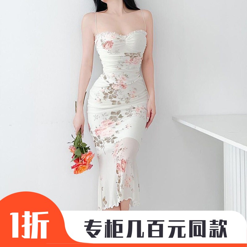 YJ23300欧美风纯欲性感连衣裙 韩国网印花露背紧身吊带包臀长裙女