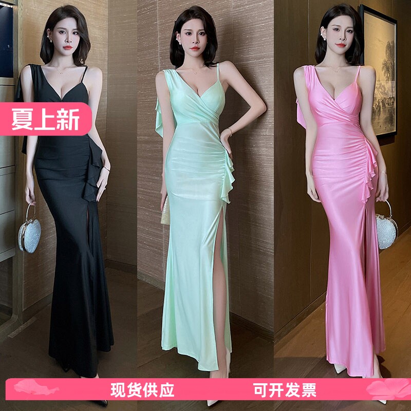 纯欲性感v领吊带连衣裙女装夏季黑色修身显瘦包臀夜店礼服长裙子