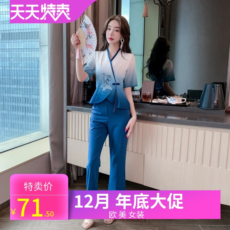 중국어 복고풍 스타일 귀 건강 센터 발 목욕 기술자 봄 슬리밍 미용실 유니폼 바지 정장 끝