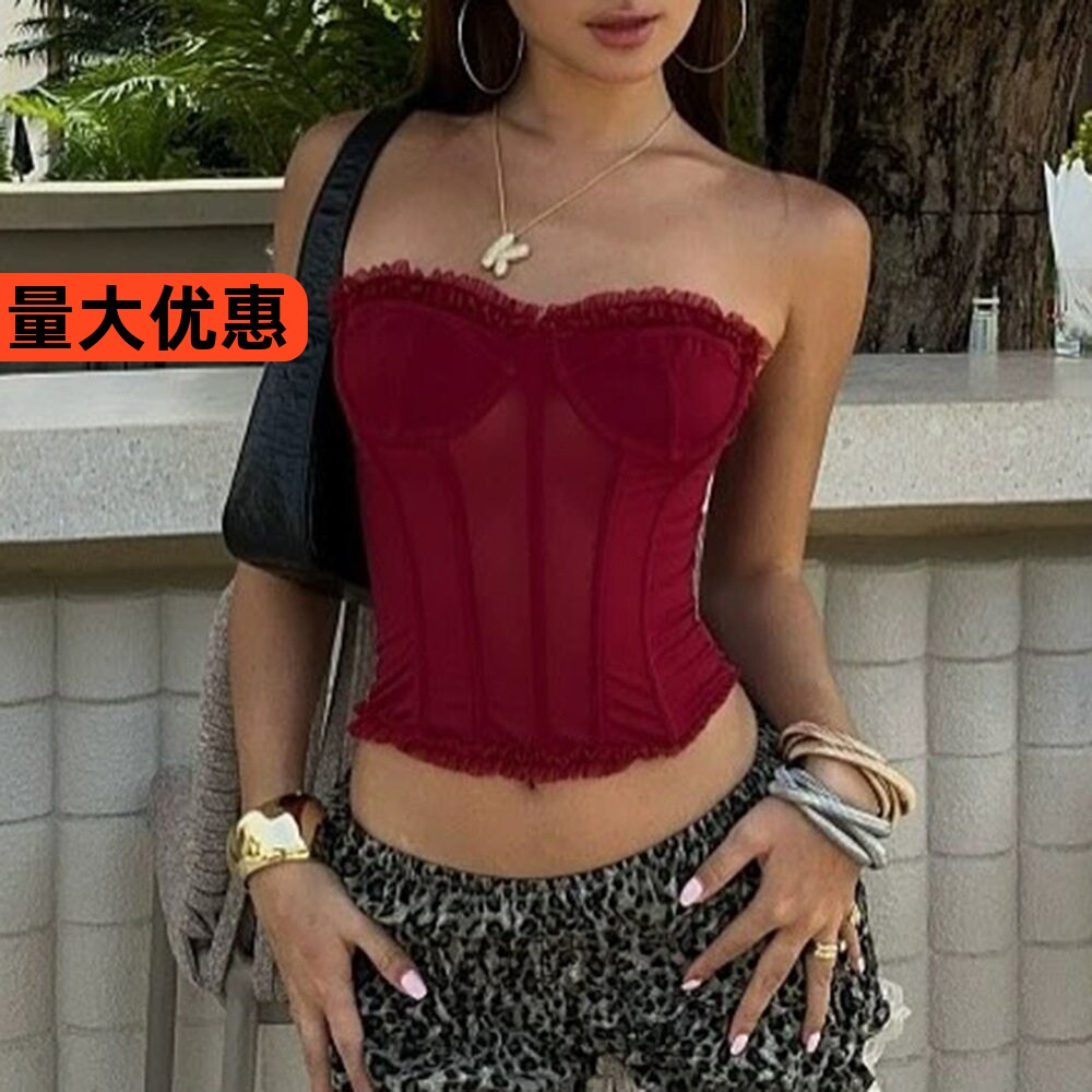 泰国缅甸款欧美辣妹风木耳花边修身显瘦抹胸背心百搭紧身短款上衣