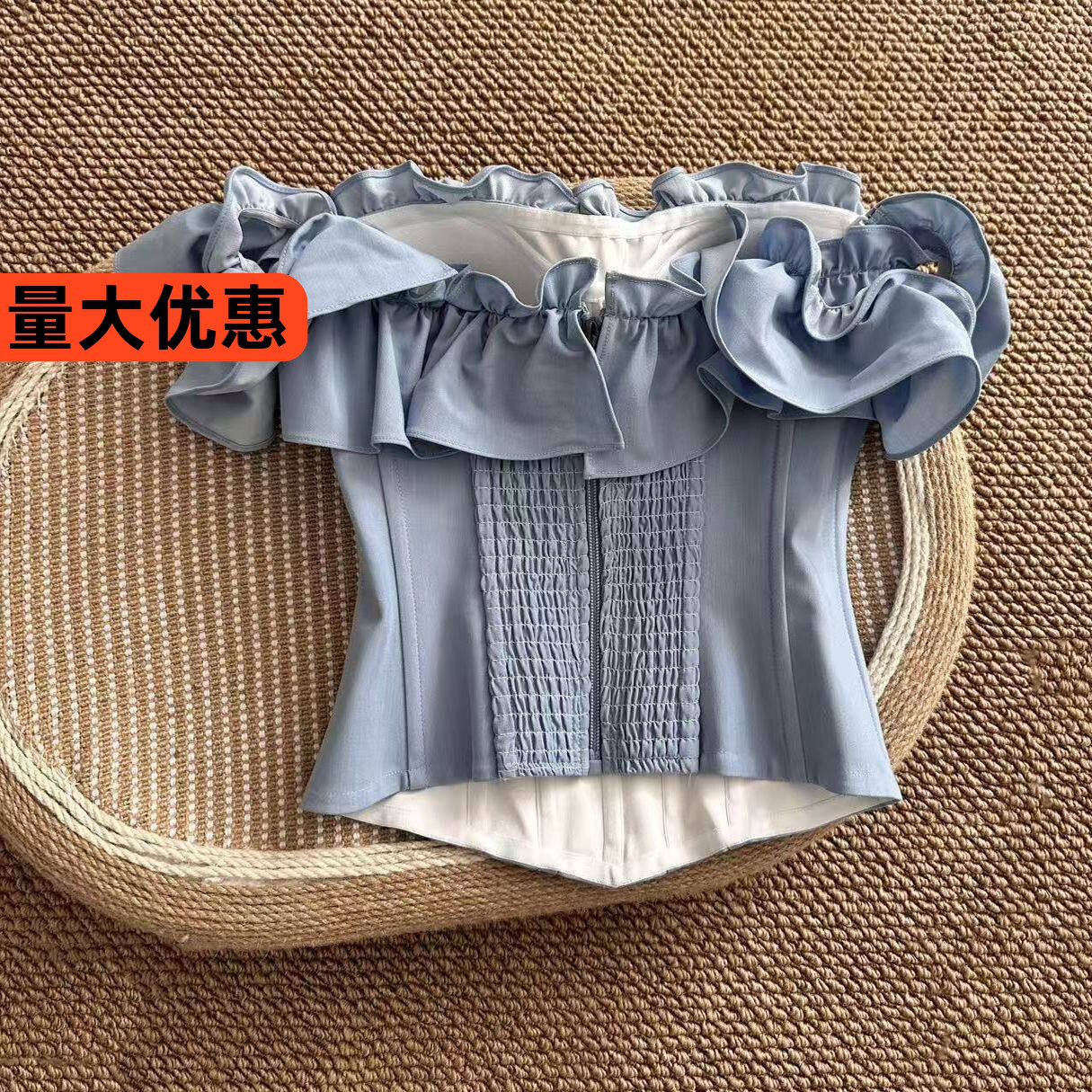 DS网红T蓝色牛仔薄款抹胸荷叶边多穿领收腰显瘦透气外穿鱼骨胸衣