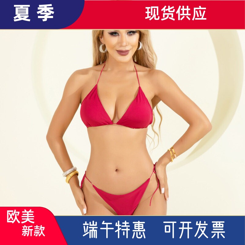 亚马逊欧美新款性感透视弹力带泳衣三点文胸套装沙滩分体比基尼