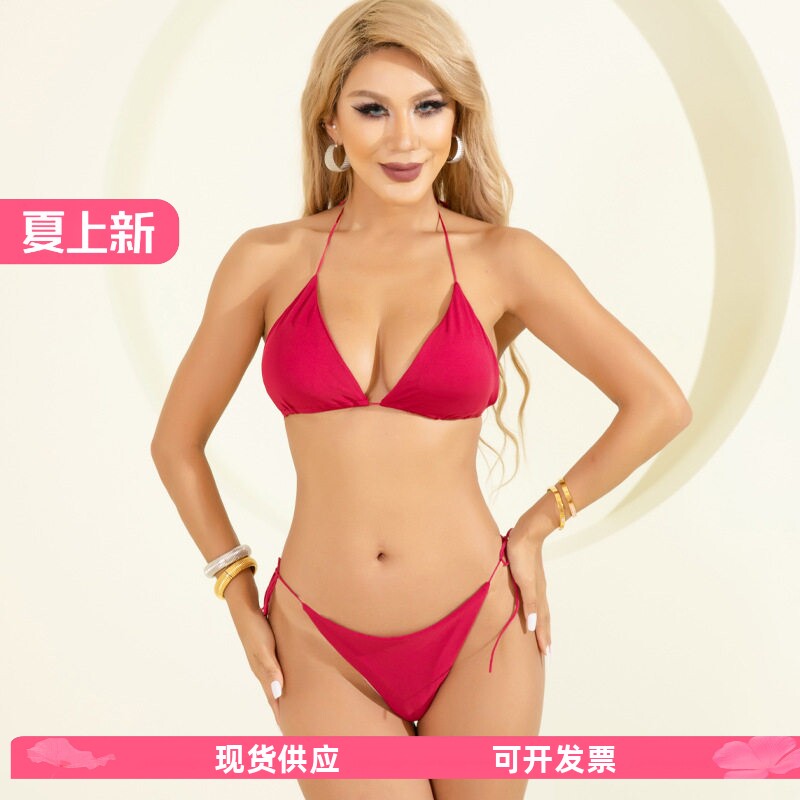 亚马逊欧美新款性感透视弹力带泳衣三点文胸套装沙滩分体比基尼