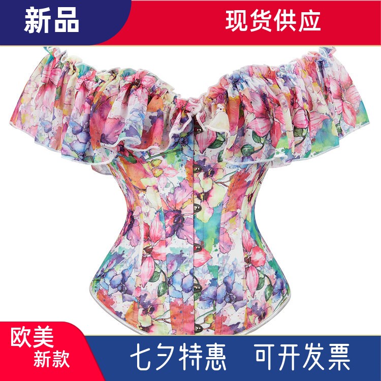 荷叶袖性感塑身衣 黑色束腰马甲抹胸束身礼服宫廷corset美体腰封