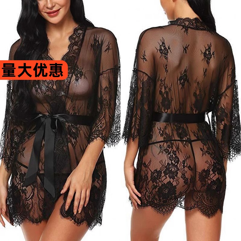 主播睫毛蕾丝短裙花边腰带长袖睡袍镂空睡衣女浴袍家居服套装诱惑