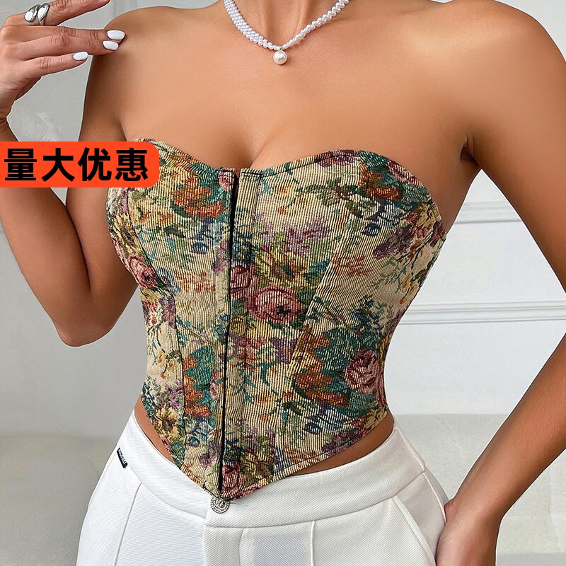 网红主播油画抹胸复古提花性感低胸裹胸鱼骨排扣欧美风背心上衣