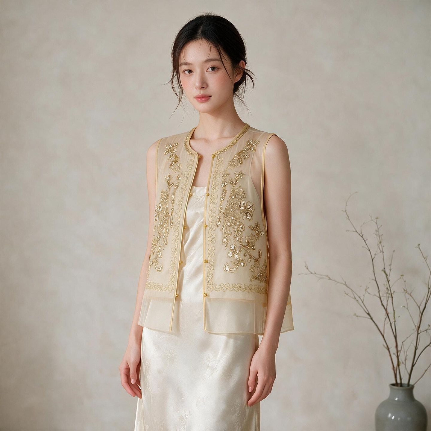 重工珠片桑蚕丝新中式马甲女2026夏季侧开叉国风背心外搭真丝罩衫