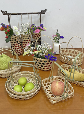 手提篮竹编零食小筛簸箕家用田园古风野餐采花门挂篓子纯手工编织