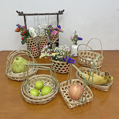 手提篮竹编零食小筛簸箕家用田园古风野餐采花门挂篓子纯手工编织