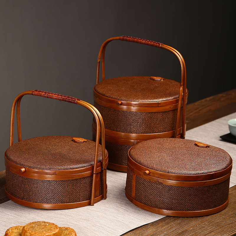 极速手工竹编提手盒方形圆形收纳盒F普洱茶盒分茶盒品茶赏茶盒包