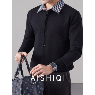 衬衫领秋冬内搭假两件黑色男款