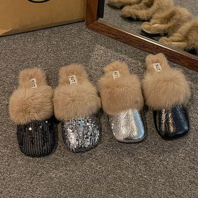 黑色慵懒风穆勒鞋女秋冬外穿2024新款包头半拖鞋平底毛毛鞋一脚蹬