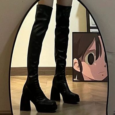 黑色过膝高跟长筒靴女秋季厚底高筒靴粗跟小个子弹力靴增高瘦瘦靴