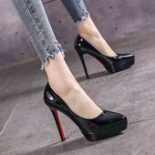 OL单鞋 超显腿长高跟鞋 性感细跟春秋模特12cm漆皮尖头气质款 防水台