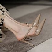 百搭外穿半拖鞋 裸色高跟鞋 铆钉尖头一字带凉拖鞋 新款 女 女2024秋季