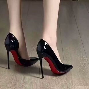 黑色侧空红底高跟鞋2025春夏新款尖头细跟御姐性感约会裸色单鞋女